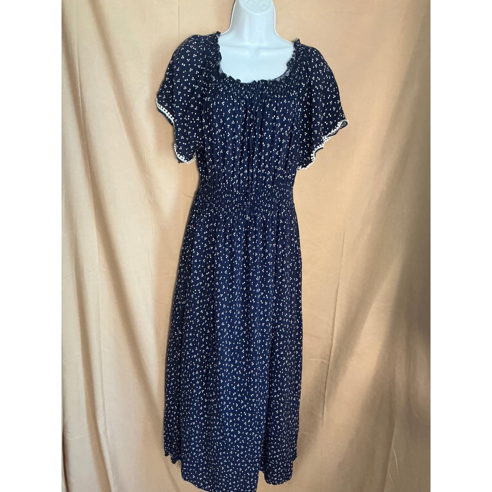 Maxi Dress Womens 1X Navy Blue Excellent Smocked Waist Dot Print